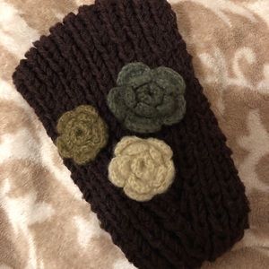 Knit headband (Brown&cream, green, violet flowers)